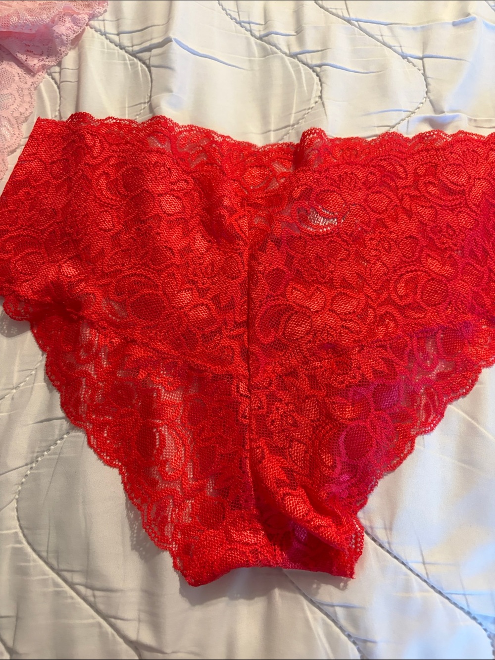 Quince Lace Cheeky 3 Panty Set — Red, Black & Pink. Large. Nylon/ spandex. - Picture 7 of 9